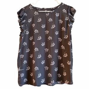 LOFT Gray Floral Print Ruffle Sleeve Round Neck Preppy Cottage Blouse XL NWT